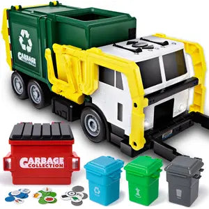 Large Friction Powered Garbage Truck Toy Set, Includes Dumpster, Trash Bins, and Learning