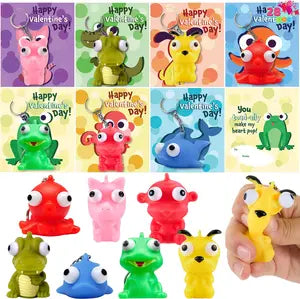 28Pcs Animal / Sea Animal Keychains featuring Popping Eyes with Kids Valentines Cards 2025 Valentine