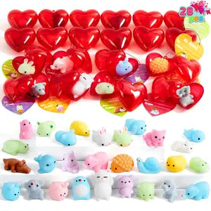 28 PCS Valentine’s Day Mochi Squishy Toys Filled Hearts and Gift Cards for Kids Valentine Classroom Exchange